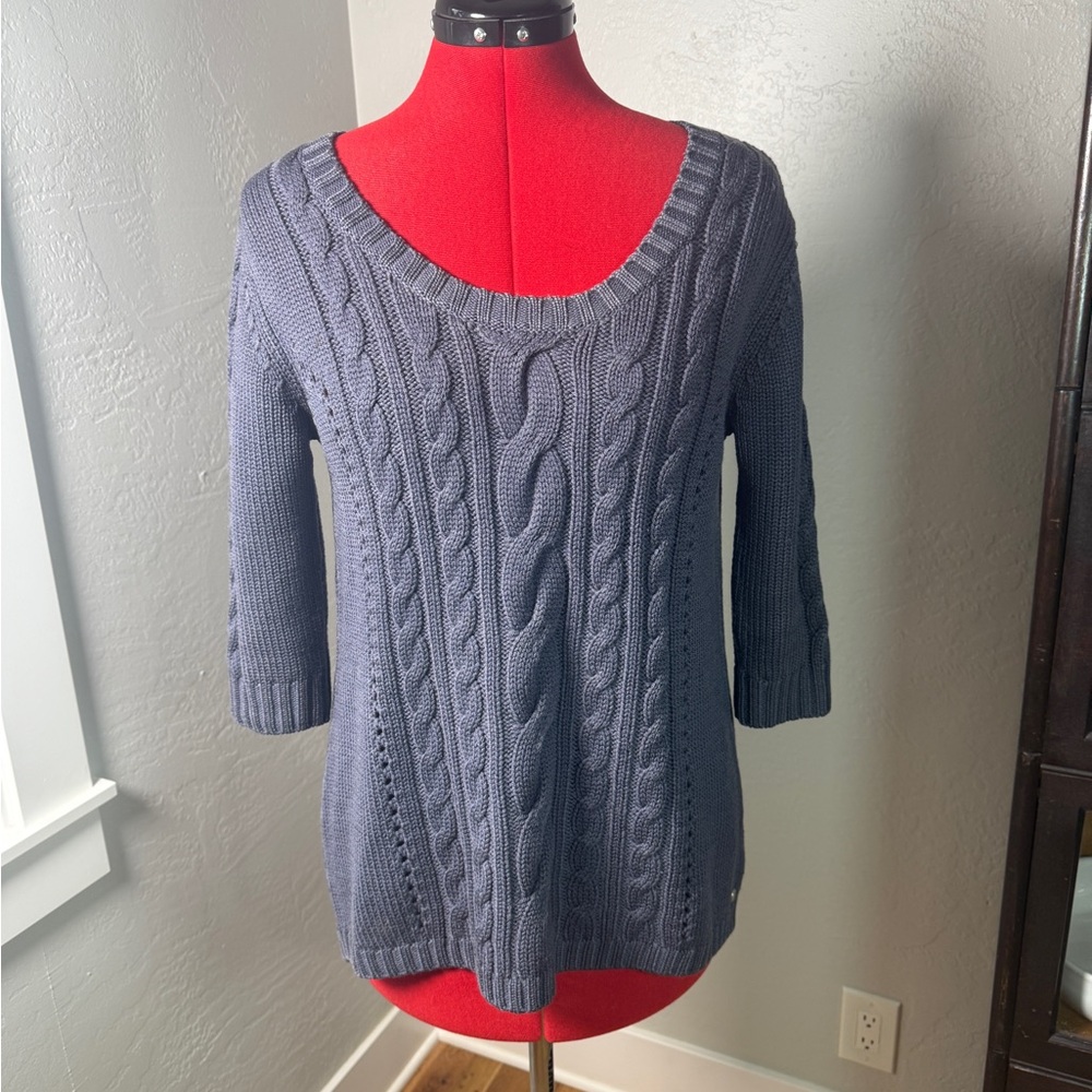 EMU 100% Merino Gray Wool Cable Knit Tunic Sweater Leather Tie Back Size S